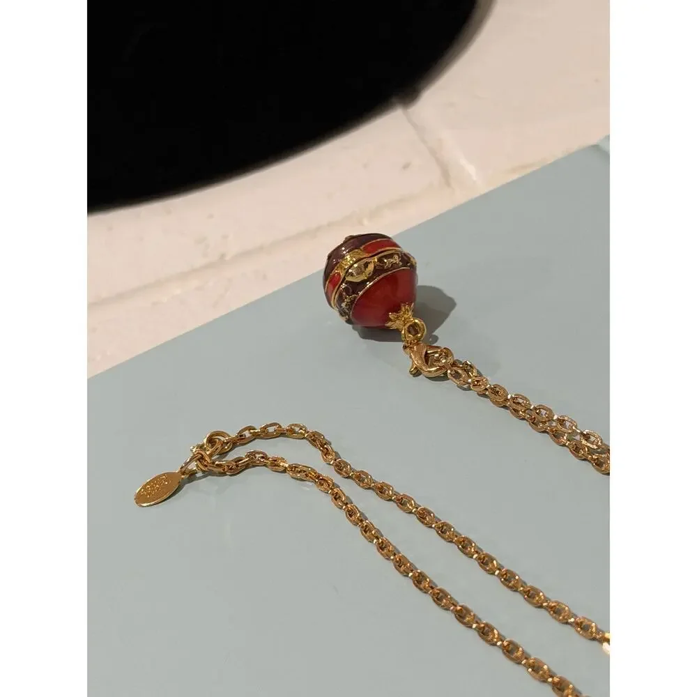 Vintage Joan Rivers Faberge Style Egg Locket Necklace • Red Enamel • Gold Plate